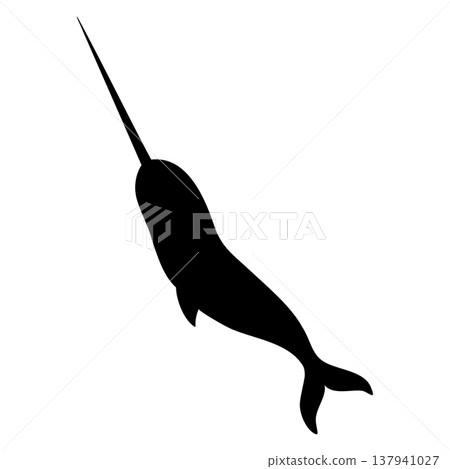 Arctic Narwhal with long tusk vector illustration. Silhouette of sea animal painted by black inks on isolated background. Shadow of marine cetacean for ocean wildlife, tundra fauna themes. Arctic Narwhal with long tusk vector illustration. Silhouette of sea animal painted by black inks on isolated background. Shadow of marine cetacean for ocean wildlife, tundra fauna themes. 137941027