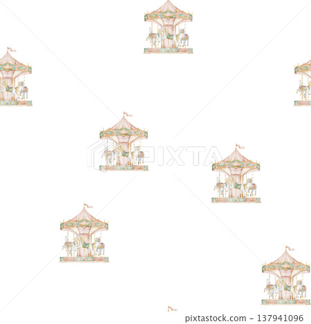 Seamless watercolor pattern with Carousel rides and horses in soft pastel colors. Background with merry go round in gentle vintage fairground style for nursery wallpaper, kids textiles, wrapping paper Seamless watercolor pattern with Carousel rides and horses in soft pastel colors. Background with merry go round in gentle vintage fairground style for nursery wallpaper, kids textiles, wrapping paper 137941096