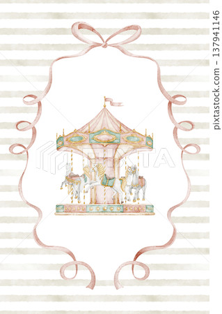Carousel poster watercolor illustration with amusement park ride and decorative Ribbon frame. Art with merry go round for nursery wall art, children room decor, prints and baby shower invitations. 137941146