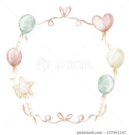 Balloon frame watercolor illustration with decorative border and pastel balloons on isolated background. Template for children posters, birthday invitations, nursery prints, greeting cards. 137941147