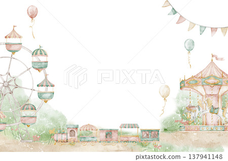 Amusement park watercolor frame. Illustration of carnival scene and decorative border, on isolated background. Template for nursery wall art, children posters, invitations, party greeting cards. Amusement park watercolor frame. Illustration of carnival scene and decorative border, on isolated background. Template for nursery wall art, children posters, invitations, party greeting cards. 137941148