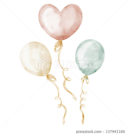 Watercolor balloons illustration in gentle pastel colors. Festive art for children party greeting cards or baby shower invitations. Elements for nursery poster and cheerful celebration. Watercolor balloons illustration in gentle pastel colors. Festive art for children party greeting cards or baby shower invitations. Elements for nursery poster and cheerful celebration. 137941160