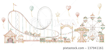 Watercolor Amusement park illustration with rides and Ferris wheel in soft pastel colors. Art with Carousel and carnival train for nursery wall art, children posters, storybook scenes, and fairground. Watercolor Amusement park illustration with rides and Ferris wheel in soft pastel colors. Art with Carousel and carnival train for nursery wall art, children posters, storybook scenes, and fairground. 137941161
