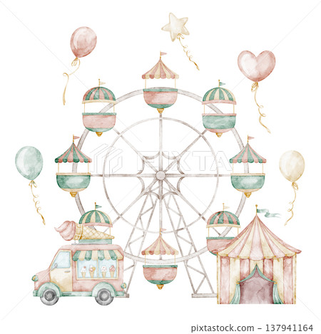 Watercolor illustration of Ferris Wheel with pastel balloons, carnival tent and cream truck. Art of Amusement park in gentle children style for nursery poster, baby invitations and cards, party design 137941164