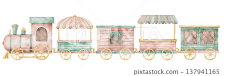 Vintage toy Train with wagons watercolor illustration of in pastel colors. Art of locomotive in cute children style for nursery posters, baby shower invitations, kids greeting cards, party designs. Vintage toy Train with wagons watercolor illustration of in pastel colors. Art of locomotive in cute children style for nursery posters, baby shower invitations, kids greeting cards, party designs. 137941165