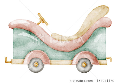 Carnival car watercolor illustration in pastel vintage style. Art of Fair Ride for Amusement park scenes, funfair designs, children design. Clipart of retro transport for nostalgic attraction theme. Carnival car watercolor illustration in pastel vintage style. Art of Fair Ride for Amusement park scenes, funfair designs, children design. Clipart of retro transport for nostalgic attraction theme. 137941170