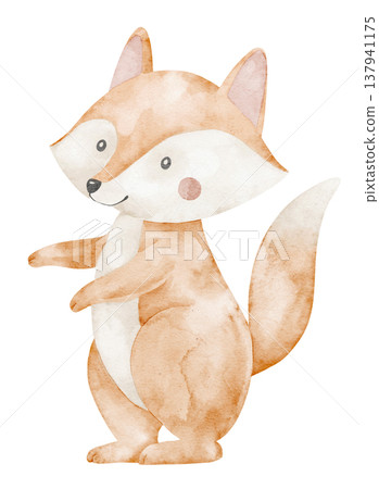 Fox watercolor illustration in soft pastel colors with friendly character style. Art of cute animal for baby shower greeting cards or childish invitations. Clipart for nursery posters. Fox watercolor illustration in soft pastel colors with friendly character style. Art of cute animal for baby shower greeting cards or childish invitations. Clipart for nursery posters. 137941175