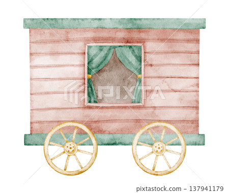 Wagon watercolor illustration in pastel vintage style with wooden body and wheels. Art of Cart for carnival scenes, amusement park graphics, children design. Vehicle for kids nostalgic fairgrounds. Wagon watercolor illustration in pastel vintage style with wooden body and wheels. Art of Cart for carnival scenes, amusement park graphics, children design. Vehicle for kids nostalgic fairgrounds. 137941179