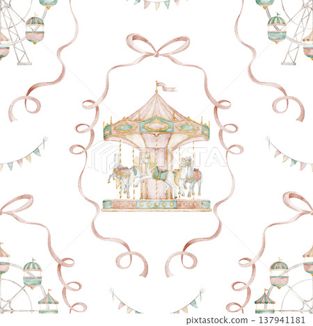 Amusement park seamless watercolor pattern with Ferris wheel and Carousel in gentle pastel colors. Background with carnival elements for nursery wallpaper, kids textiles, wrapping paper. 137941181