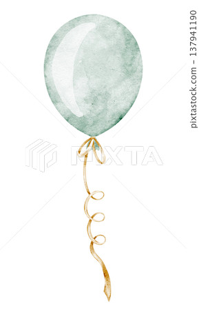 Balloon watercolor illustration in pastel green colors with golden ribbon. Art for childish Birthday greeting cards and Baby shower invitations. Element for nursery decor, posters and kids party. Balloon watercolor illustration in pastel green colors with golden ribbon. Art for childish Birthday greeting cards and Baby shower invitations. Element for nursery decor, posters and kids party. 137941190