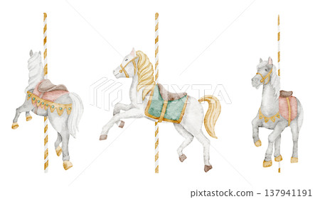 Carousel Horse watercolor illustration in classic vintage style. Attraction for amusement park and funfair design, nursery decor, childish party greeting cards and nostalgic baby shower invitations. 137941191