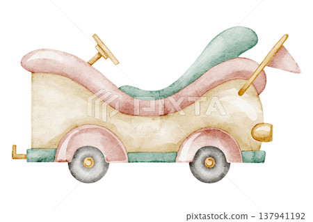 Carnival car watercolor illustration in pastel vintage style. Art of Fair Ride for Amusement park scenes, funfair designs, children design. Clipart of retro transport for nostalgic attraction theme. Carnival car watercolor illustration in pastel vintage style. Art of Fair Ride for Amusement park scenes, funfair designs, children design. Clipart of retro transport for nostalgic attraction theme. 137941192