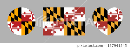 Circle, rectangular, heart shaped flag of Maryland icon, sticker. Flag of state Maryland in rectangle, round, heart shapes badge, button. Set of Maryland flag backgrounds, banners. 137941245