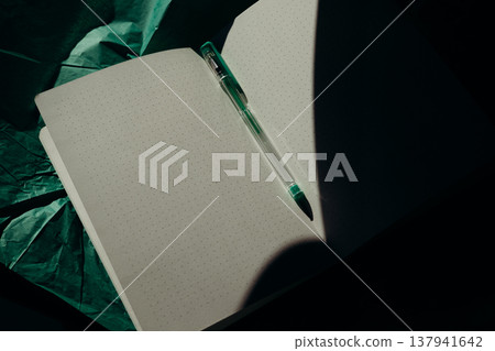 Open dotted notebook with a green transparent pen on wrinkled paper. Stationery, moody shadows, journaling, top-down flat lay. Open dotted notebook with a green transparent pen on wrinkled paper. Stationery, moody shadows, journaling, top-down flat lay. 137941642