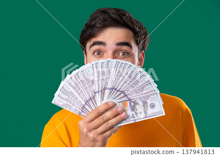 Rich White American Man With Usd Money. Wealthy Guy With Salary On Green Wall 137941813