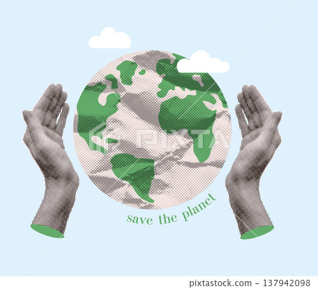 Save the planet retro collage concept. Halftone human hands protecting green earth globe with clouds. Vintage environmental poster and sustainable society vector illustration for Earth Day Save the planet retro collage concept. Halftone human hands protecting green earth globe with clouds. Vintage environmental poster and sustainable society vector illustration for Earth Day 137942098