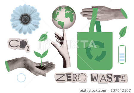 Zero waste lifestyle collage elements set. Retro halftone objects with green eco bag, co2 emissions, recycling sign, plant and earth. Sustainable environment vector pack for eco banner. 137942107