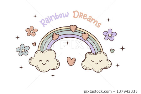 Cute Rainbow with Clouds and Flowers. Nursery Poster with Inscription. Pastel Hand Drawn Doodle on White. Vector Illustration Cute Rainbow with Clouds and Flowers. Nursery Poster with Inscription. Pastel Hand Drawn Doodle on White. Vector Illustration 137942333