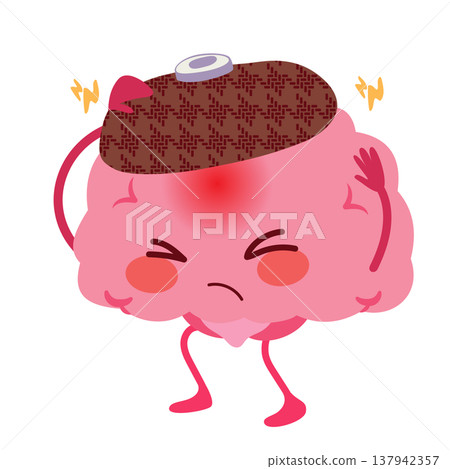 Cute Brain Mascot with Ice Bag on Head Headache Relief Concept Cute Brain Mascot with Ice Bag on Head Headache Relief Concept 137942357