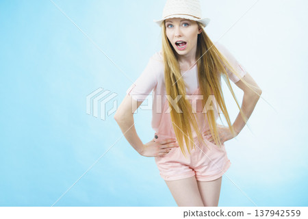 Shocked woman wearing summer outfit 137942559