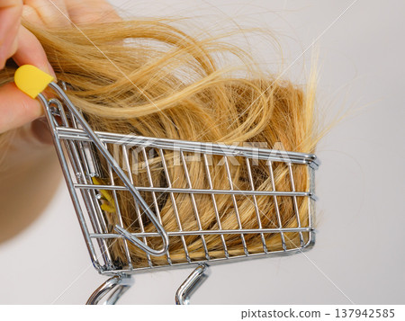 Girl with her long hair in shopping cart Girl with her long hair in shopping cart 137942585
