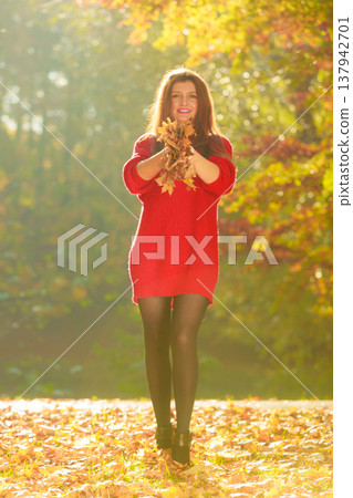 Lady playing with leaves. Lady playing with leaves. 137942701
