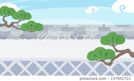 Cute background illustration of a wall with a sea cucumber pattern and tiled roof_Pine_16:9 137942722