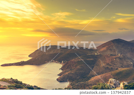 Greek coast at sunrise Peloponnese Mani 137942837