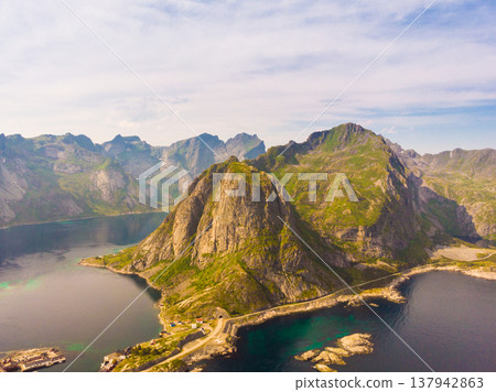 Fjord and mountains landscape. Lofoten islands Norway Fjord and mountains landscape. Lofoten islands Norway 137942863