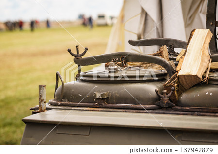Field kitchen for cooking camp food. Field kitchen for cooking camp food. 137942879