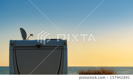Satellite dish on roof of caravan Satellite dish on roof of caravan 137942891