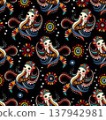 Colorful seamless pattern featuring cute stylized octopuses in a folk art style. Bright decorative elements, dots, and floral motifs on a black background create a playful and vibrant design perfect 137942981