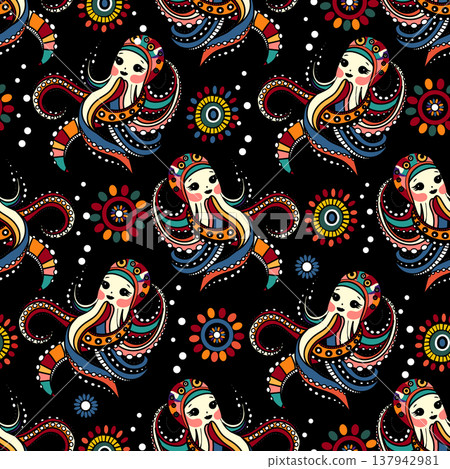 Colorful seamless pattern featuring cute stylized octopuses in a folk art style. Bright decorative elements, dots, and floral motifs on a black background create a playful and vibrant design perfect 137942981