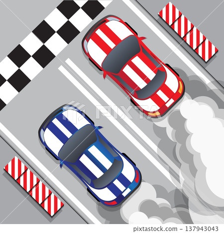 Racing cars at the finish line. Drag racing. View from above. Vector illustration.  137943043