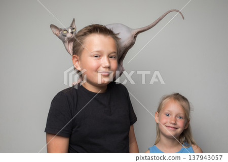 Portrait of cute smiling kids with cat pet on light grey background Portrait of cute smiling kids with cat pet on light grey background 137943057