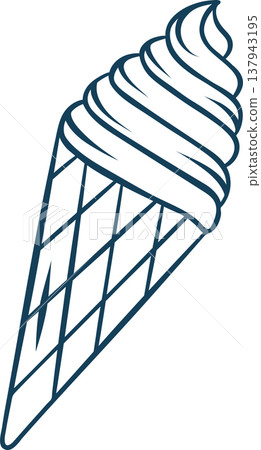 Ice cream waffle cone, simple vector icon in doodle and sketch style with Mediterranean blue line. Hand-drawn classic frozen dessert for ice cream shops or summer menus 137943195