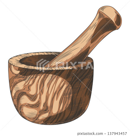 Wooden mortar and pestle sketch, pounder and herb grind mixture preparation hand drawn vector illustration 137943457