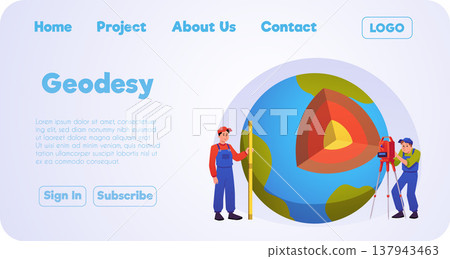 Geodesy landing page vector flat design, surveyors using theodolite and leveling rod, Earth globe in cross section 137943463
