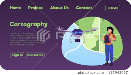 Cartography landing page vector flat design, surveyor woman holding geodetic equipment, construction measurements, drone 137943467
