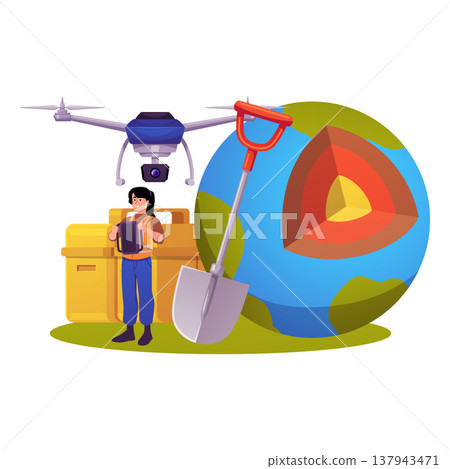 Surveyor with civil engineers device, Earth globe in cross section, drone with video camera, geodetic equipment vector 137943471