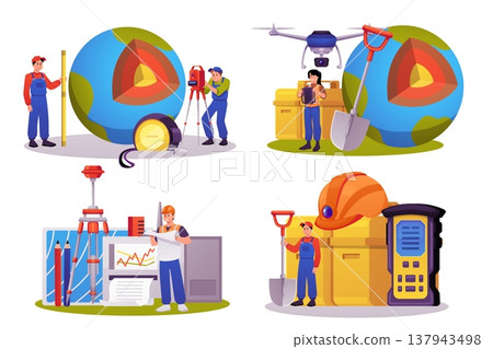 A set of surveyors with equipment, planet Earth, a shovel, a hard hat, and a total station. 137943498