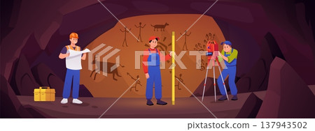 Surveyors civil engineers using measuring equipment, map, theodolite and leveling rod in the ancient cave flat vector Surveyors civil engineers using measuring equipment, map, theodolite and leveling rod in the ancient cave flat vector 137943502