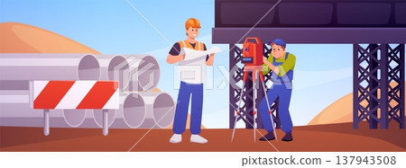 Workers at a construction site holding blueprints and a surveying instrument. 137943508
