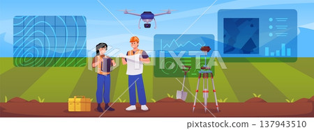 Surveyors using geodetic equipment, map, theodolite on tripod in the field, vector flat geodesists measurements, drone 137943510