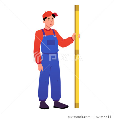 Surveyor man holding leveling rod equipment, geodesy worker engineer makes construction measurement flat vector isolated 137943511