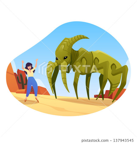 Insect monster scares woman on desert landscape, vector cartoon scary fantasy beetle insect with horn and fangs attacks Insect monster scares woman on desert landscape, vector cartoon scary fantasy beetle insect with horn and fangs attacks 137943545