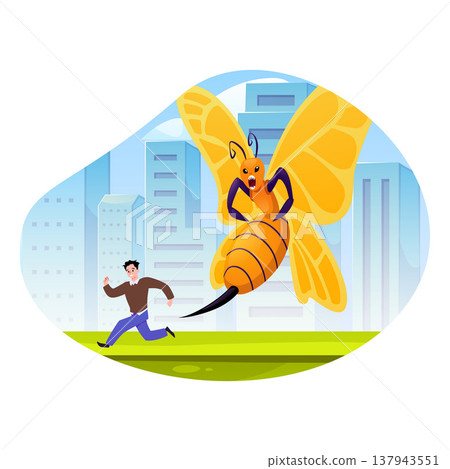 A man is running from a bee monster that wants to sting him against the background of a city vector flat illustration A man is running from a bee monster that wants to sting him against the background of a city vector flat illustration 137943551