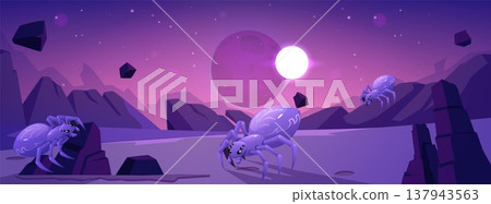 Cosmic alien landscape with insect monsters, vector cartoon scary spiders with many eyes on desert surface flying rocks 137943563