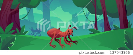 A monster ant with many eyes, against the backdrop of a tropical forest with trees and green grass. A monster ant with many eyes, against the backdrop of a tropical forest with trees and green grass. 137943566
