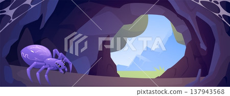Stone cave entrance and insect monster, vector cartoon scary spider with many eyes and fangs, creepy fantasy bug Stone cave entrance and insect monster, vector cartoon scary spider with many eyes and fangs, creepy fantasy bug 137943568